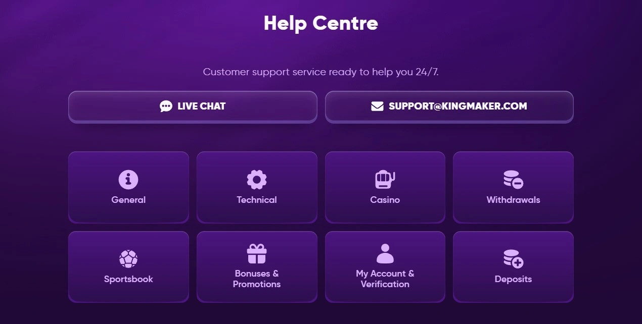 Kingmaker Casino help centre support page