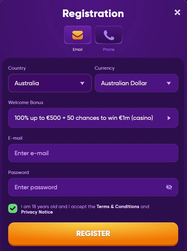 Kingmaker Casino registration form with bonus